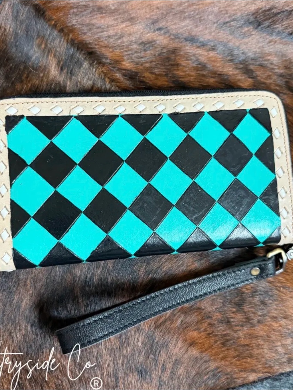 Turquoise and Black Woven Zip Wristlet Wallet